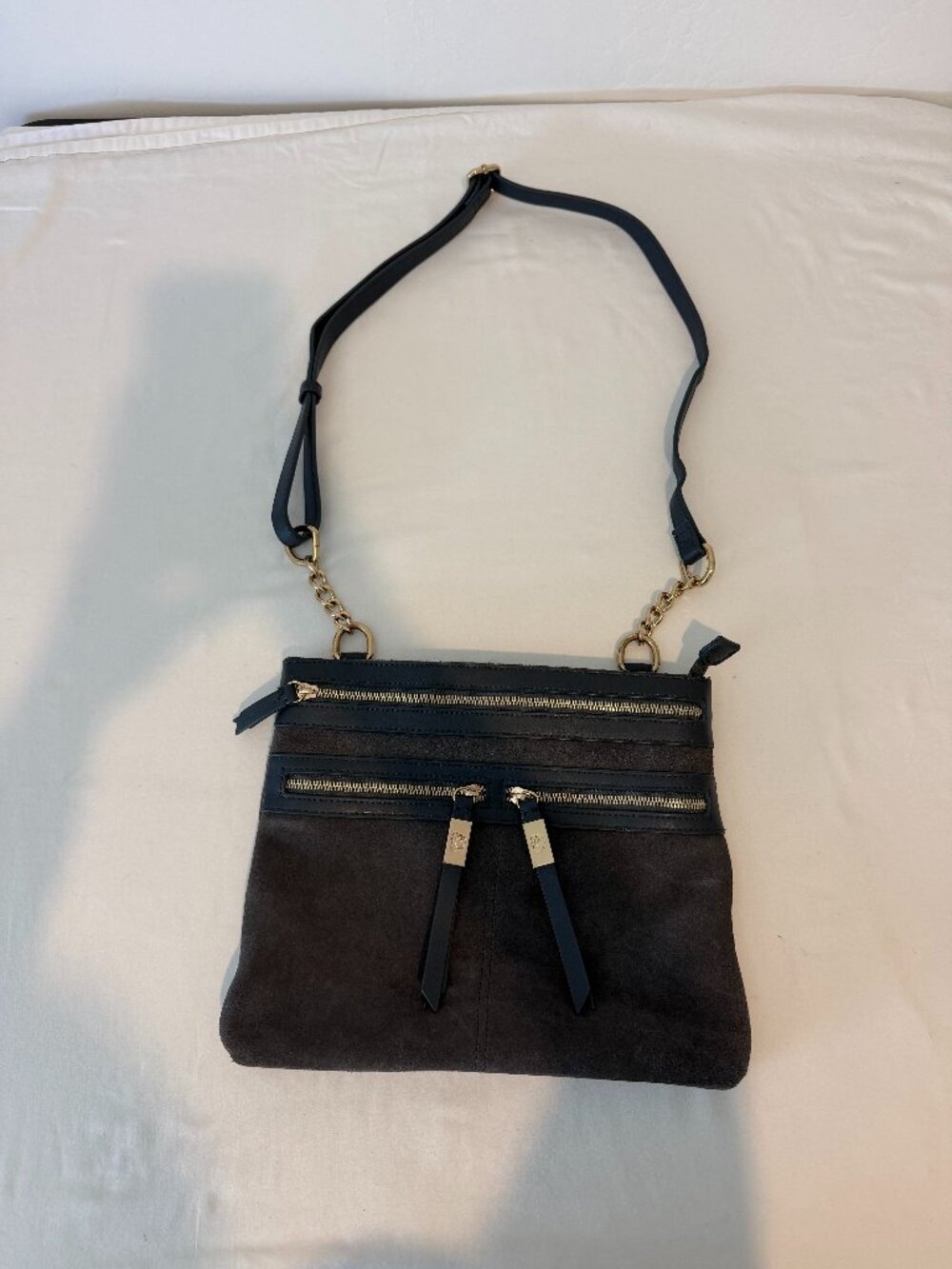 Spartina 449 Genuine Leather Suede Crossbody Shoulder Bag Gray Gold Zip Purse